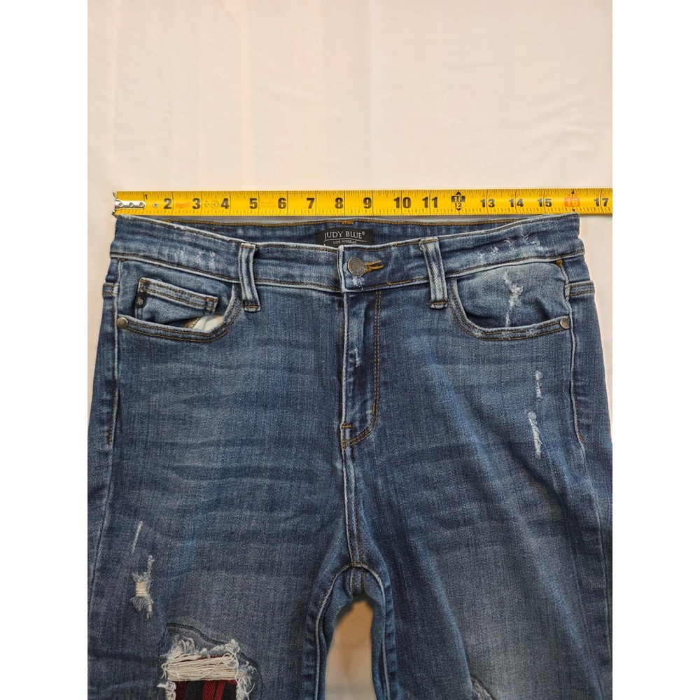 Judy Blue Skinny Jeans 11/30 Distressed Red Plaid Patch Medium Wash - Picture 9 of 14